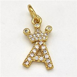 Copper Pendant Pave Zirconia Letter-A Crown Gold Plated, approx 10-14mm