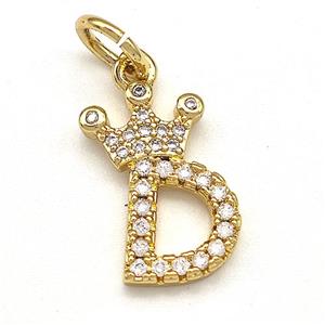 Copper Pendant Pave Zirconia Letter-D Crown Gold Plated, approx 10-14mm