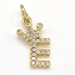 Copper Pendant Pave Zirconia Letter-E Crown Gold Plated, approx 10-14mm