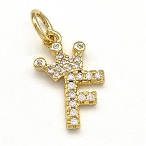 Copper Pendant Pave Zirconia Letter-F Crown Gold Plated, approx 10-14mm