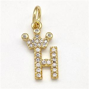 Copper Pendant Pave Zirconia Letter-H Crown Gold Plated, approx 10-14mm