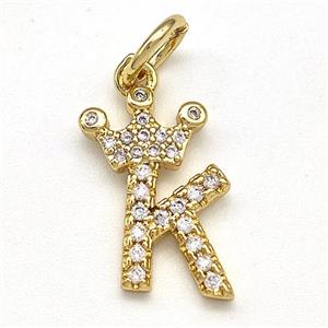Copper Pendant Pave Zirconia Letter-K Crown Gold Plated, approx 10-14mm