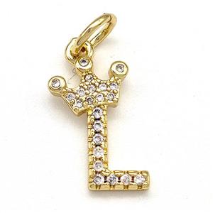 Copper Pendant Pave Zirconia Letter-L Crown Gold Plated, approx 10-14mm