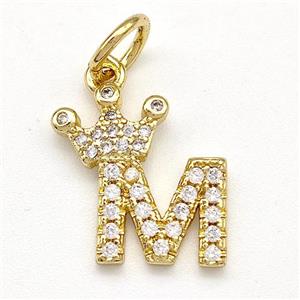 Copper Pendant Pave Zirconia Letter-M Crown Gold Plated, approx 10-14mm
