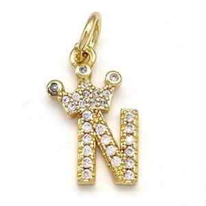 Copper Pendant Pave Zirconia Letter-N Crown Gold Plated, approx 10-14mm