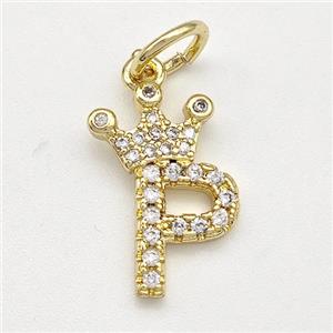 Copper Pendant Pave Zirconia Letter-P Crown Gold Plated, approx 10-14mm