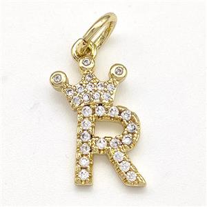Copper Pendant Pave Zirconia Letter-R Crown Gold Plated, approx 10-14mm