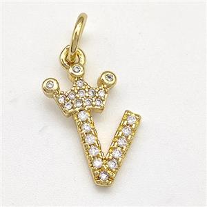 Copper Pendant Pave Zirconia Letter-V Crown Gold Plated, approx 10-14mm