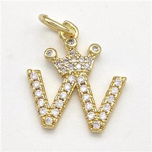 Copper Pendant Pave Zirconia Letter-W Crown Gold Plated, approx 10-14mm