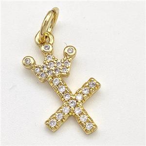 Copper Pendant Pave Zirconia Letter-X Crown Gold Plated, approx 10-14mm