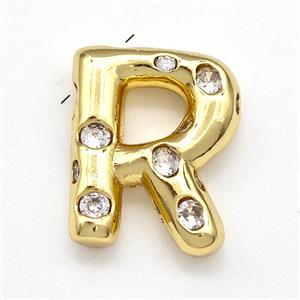 Copper Letter-R Pendant Micro Pave Zirconia Gold Plated, approx 14-20mm