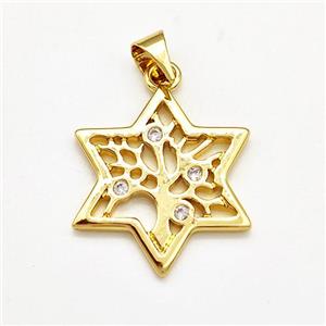 Copper David Star Pendant Pave Zircon Tree Of Life Gold Plated, approx 20mm