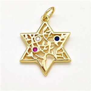 Copper David Star Pendant Pave Zircon Tree Of Life Gold Plated, approx 21mm