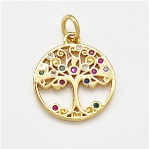 Copper Tree Of Life Pendant Pave Zircon Gold Plated, approx 14mm