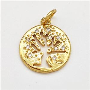 Copper Tree Of Life Pendant Pave Zircon Circle Gold Plated, approx 14mm
