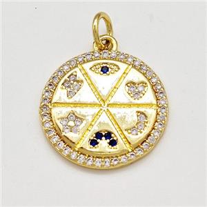 Symbol Medallion Charms Copper Circle Pendant Pave Zircon Evil Eye Moon Star Gold Plated, approx 17mm