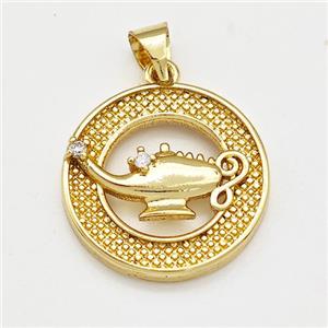 Aladdin Lamp Charms Copper Pendant Pave Zircon Gold plated, approx 18mm