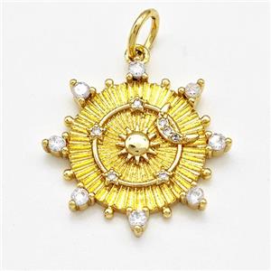 Copper Sun Moon Pendant Pave Zirconia Gold Plated, approx 21mm