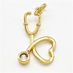Medical Charms Copper Stethoscope Pendant Pave Zircon Gold Plated, approx 18-24mm