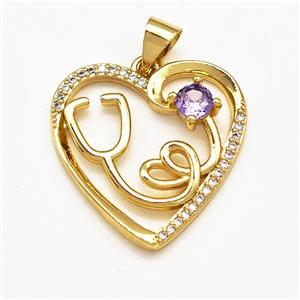 Copper Heart Pendant Pave Zircon Stethoscope Gold Plated, approx 21mm