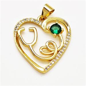 Copper Heart Pendant Pave Zircon Stethoscope Gold Plated, approx 21mm