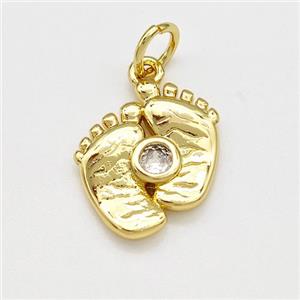 Feet Charms Copper Pendant Pave Zircon Gold Plated, approx 14-15mm