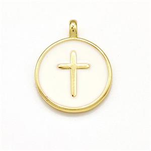 Copper Circle Pendant Cross White Enamel Gold Plated, approx 15mm