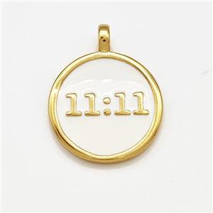 Copper Circle Pendant Double Eleven White Enamel Gold Plated, approx 15mm