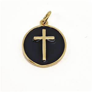 Copper Circle Pendant Cross Black Enamel Gold Plated, approx 14mm