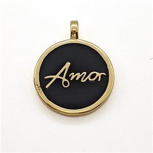 Copper Circle Pendant Amor Black Enamel Gold Plated, approx 15mm