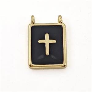 Copper Rectangle Pendant Cross Black Enamel 2loops Gold Plated, approx 10-12mm
