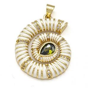 Nautilus Shell Charms Copper Pendant Pave Zirconia White Enamel Gold Plated, approx 24-28mm