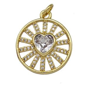 Copper Circle Heart Pendant Pave Zircon Gold Plated, approx 18mm