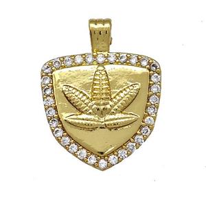 Shield Charms Copper Pendant Pave Zircon Maple Leaf Gold Plated, approx 15mm