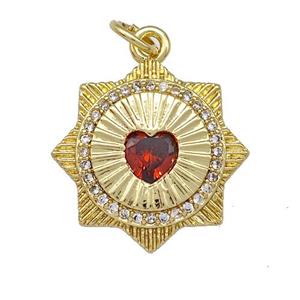 Red Heart Sun Charms Copper Pendant Pave Zircon Gold Plated, approx 18mm