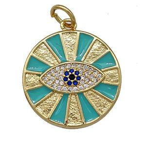 Copper Circle Eye Pendant Pave Zircon Green Enamel Gold Plated, approx 20mm