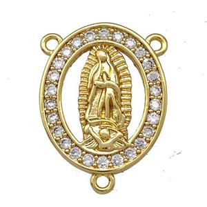 Virgin Mary Charms Copper Oval Pendant Pave Zircon 3loops Gold Plated, approx 16-19.5mm