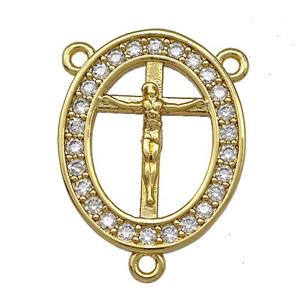 Jesus Charms Copper Oval Cross Pendant Pave Zircon 3loops Gold Plated, approx 16-19.5mm