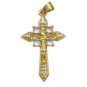Jesus Charms Copper Cross Pendant Pave Zircon Gold Plated, approx 20-30mm