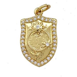 Shield Charms Copper Pendant Pave Zircon Sun Star Gold Plated, approx 12-17mm