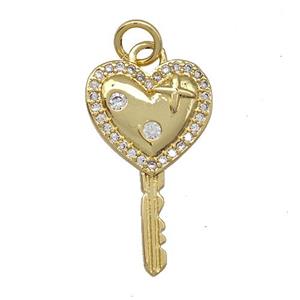 Copper Key Charms Pendant Pave Zirconia Gold Plated, approx 12.5-21mm