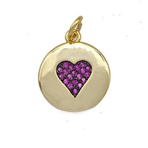 Copper Heart Charms Pendant Pave Zircon Circle Gold Plated, approx 13mm