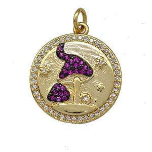 Copper Mushroom Charms Pendant Pave Zircon Circle Gold Plated, approx 18mm