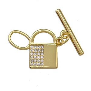 Copper Toggle Clasp Pave Zircon Lock Gold Plated, approx 15-21mm