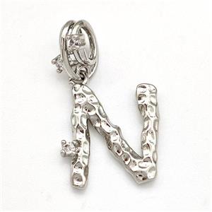 Copper Letter-N Pendant Pave Zircon Platinum Plated, approx 10-16mm, 5-8mm