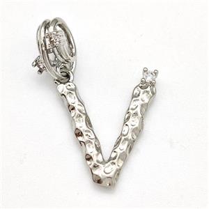 Copper Letter-V Pendant Pave Zircon Platinum Plated, approx 10-16mm, 5-8mm