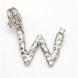 Copper Letter-W Pendant Pave Zircon Platinum Plated, approx 10-16mm, 5-8mm
