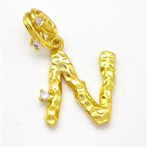Copper Letter-N Pendant Pave Zircon Gold Plated, approx 10-16mm, 5-8mm