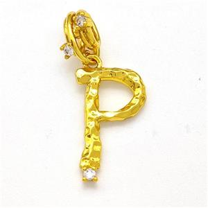 Copper Letter-P Pendant Pave Zircon Gold Plated, approx 10-16mm, 5-8mm