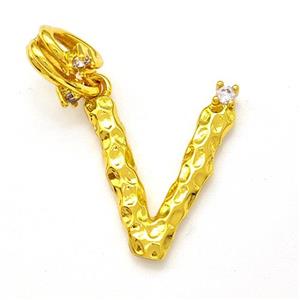 Copper Letter-V Pendant Pave Zircon Gold Plated, approx 10-16mm, 5-8mm